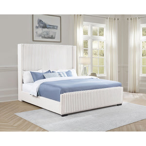 English Elm Ian Wingback Eastern King Bed Cream Fabric Channel Tufted Headboard Nailhead Trim B062P472411