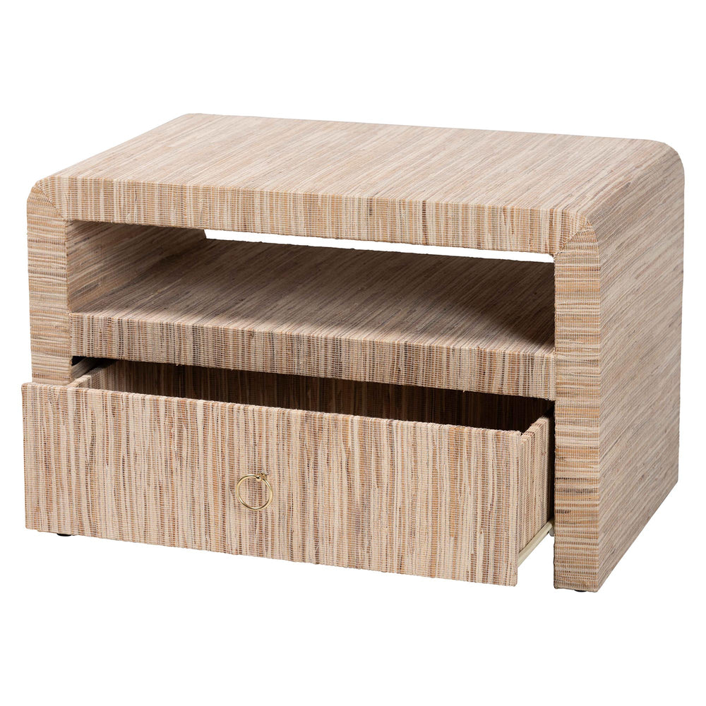 English Elm Bohemian Grasscloth Wrapped Nightstand with Drawer and Open Shelf for Boho Bedrooms B2750P467818