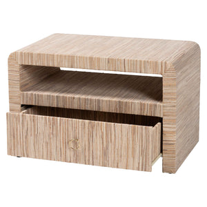 English Elm Bohemian Grasscloth Wrapped Nightstand with Drawer and Open Shelf for Boho Bedrooms B2750P467818