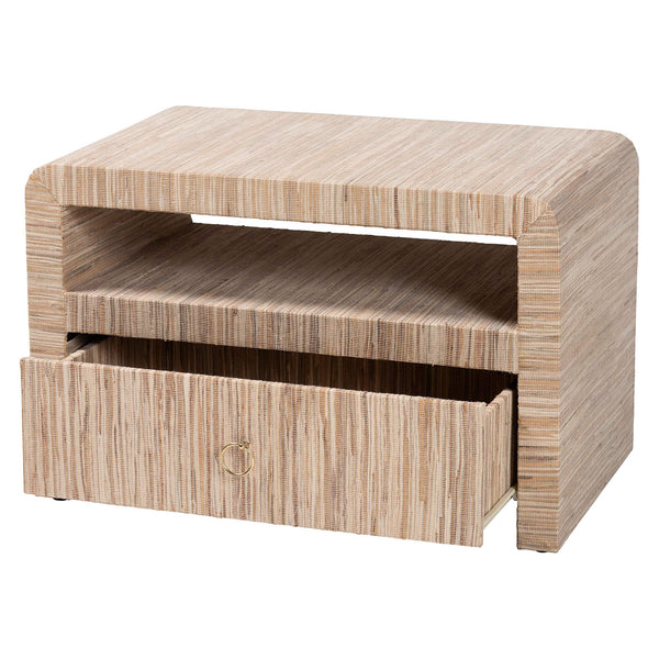 English Elm Bohemian Grasscloth Wrapped Nightstand with Drawer and Open Shelf for Boho Bedrooms B2750P467818
