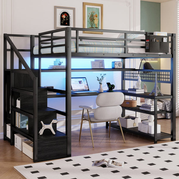 English Elm Full Size Steel Loft Bed with Staircase Storage Wardrobe Desk and Led Lighting Black W2593S00079