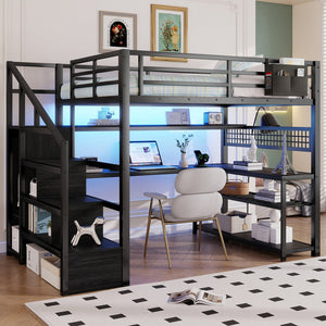 English Elm Full Size Steel Loft Bed with Staircase Storage Wardrobe Desk and Led Lighting Black W2593S00060