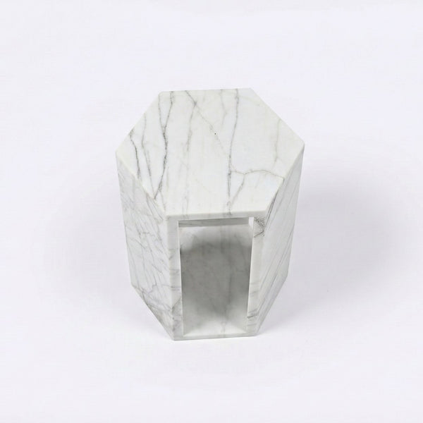 English Elm Genuine Solid Marble Hexagonal Pedestal End Table Polished Stone for Modern Living White+Multi W1696P408000