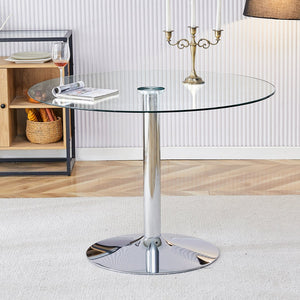 English Elm A Round Tempered Glass Dining Table with Silver Legs Seats Six in Modern Style W1151S03483