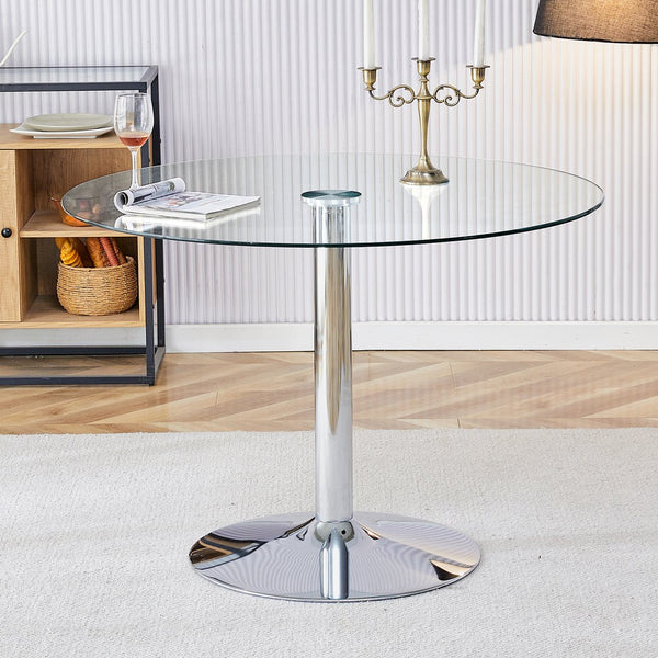 English Elm A Round Tempered Glass Dining Table with Silver Legs Seats Six in Modern Style W1151S03483