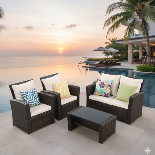 English Elm 4-piece Outdoor Wicker Conversation Set with Tempered Glass Table and Resort Style Brown B082S00060
