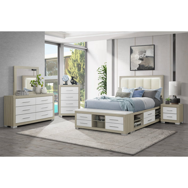 English Elm ELSA Two-Tone Natural and White Nightstand with Solid Wood Frame, Bar Handles, Spacious Drawers B201P347837