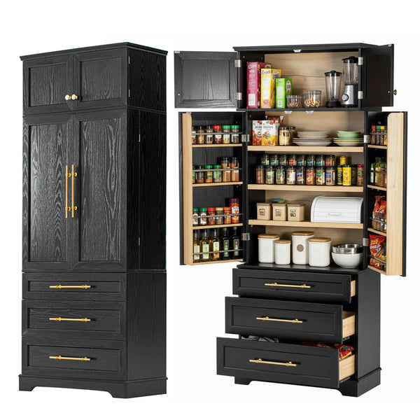 English Elm K&k Farmhouse Pantry Cabinet Tall Freestanding Kitchen Storage with Drawers Shelves Black N707P356569B
