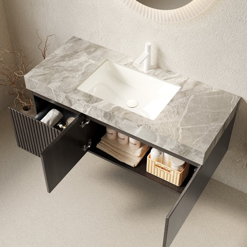 English Elm Muri Floating Bathroom Vanity Plywood Cabinet Sintered Stone Top Oak Drawer W2615S00587