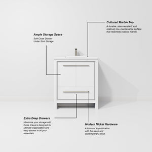 English Elm White 30 in. Bath Vanity with Cultured Marble Top, Soft‑Close, Mirror Included, Scratch‑Resistant Surface and Ample Storage B2731S01483