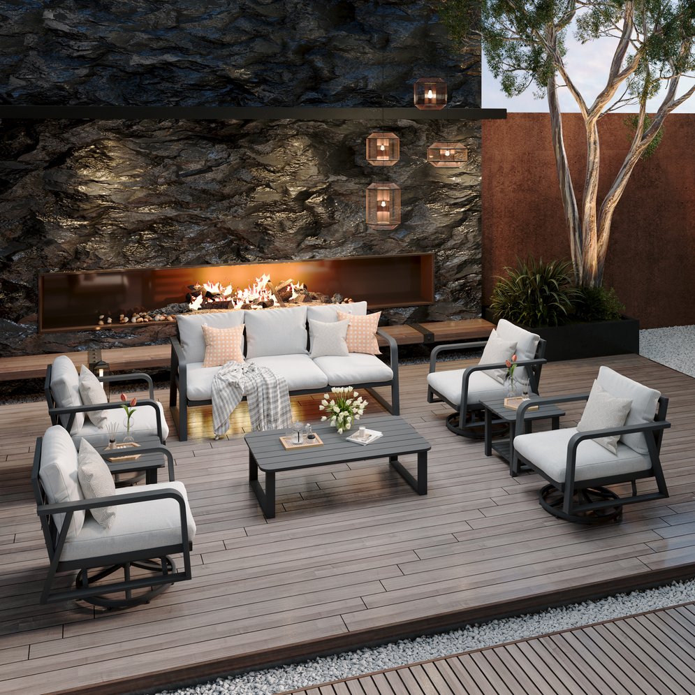 English Elm Fr Seven Piece Outdoor Patio Set with Swivel Rockers Memory Foam Cushions Aluminum Frame W5382S00018