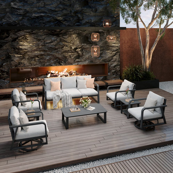 English Elm Fr Seven Piece Outdoor Patio Set with Swivel Rockers Memory Foam Cushions Aluminum Frame W5382S00018