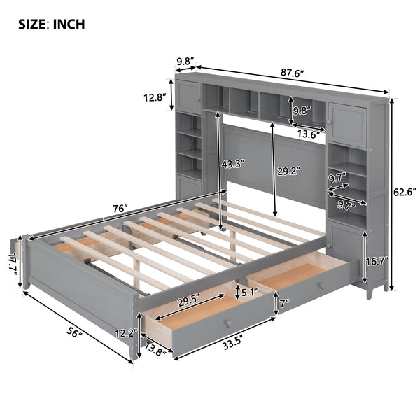 English Elm Full Platform Bed with Headboard Shelving Cabinets and Under Drawer Storage Unit Gray LP000342AAE-1
