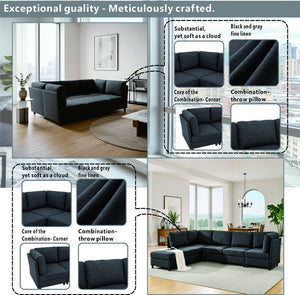 English Elm Modern Foil Fabric Modular Sectional Sofa Reconfigurable Living Room Seating Dark Gray W5568S00049