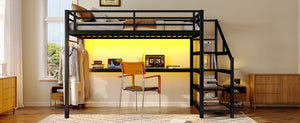 English Elm Twin Xl Metal Loft Bed with Stair Storage Shelves Sturdy Steel Frame for Dorms W1580S00481