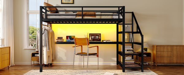 English Elm Twin Xl Metal Loft Bed with Stair Storage Shelves Sturdy Steel Frame for Dorms W1580S00481