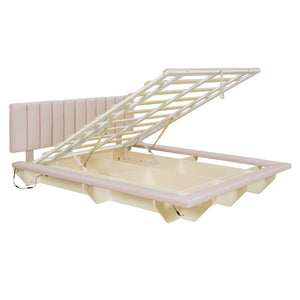 English Elm Queen Upholstered Floating Bed with LED Lighting, Hydraulic Lift, 4 Storage Drawers, Velvet Luxury Pink SF000132AAH