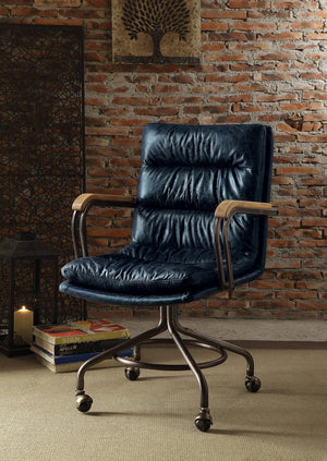 English Elm Harith Vintage Blue Top Grain Leather Executive Office Chair with Swivel, Padded Seat & Wooden Arms B2726P269405