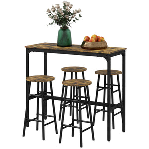 English Elm HOMCOM Industrial 5-Piece Bar Table Set for 4 with Woodgrain Top, Metal Frame, Space-Saving Design W2225P200562
