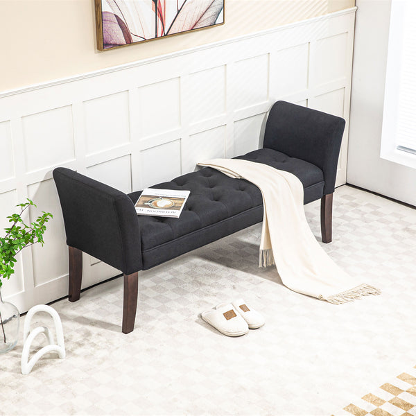 English Elm HOMCOM Tufted Upholstery Bench with Arms — Plush Linen-Feel Seat, Solid Wood Legs, Versatile Entryway seating solution Black W2225P217025