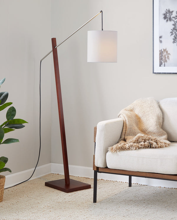 English Elm Floor Lamp with Walnut Base Satin Nickel Stem and Soft Grey Shade for Living Rooms B202S02143