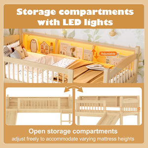 English Elm Twin Xl Solid Pine Loft Bed with Built-in Led Lighting and Storage Shelves Natural W1580S00366