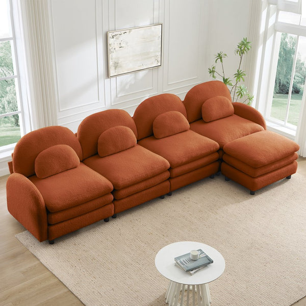 English Elm Teddy Fleece Curved Modular Sectional Sofa with Ottoman Four Seat Cloud Comfort Orange W5656S00103