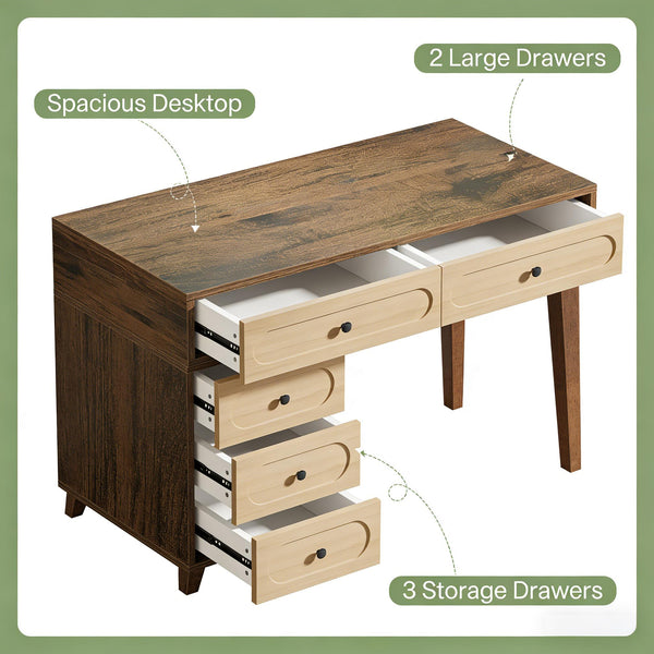 English Elm Classic Five Drawer Writing Desk with Round Metal Legs and White Engineered Wood Top T3971P453638
