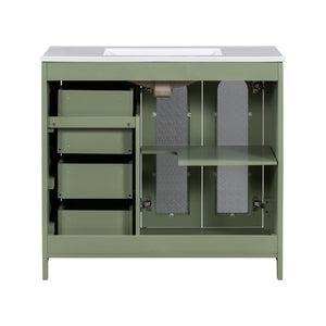 English Elm 36-inch ceramic basin vanity with patterned glass doors, gold round handles & ample storage drawers Green N729P184710F