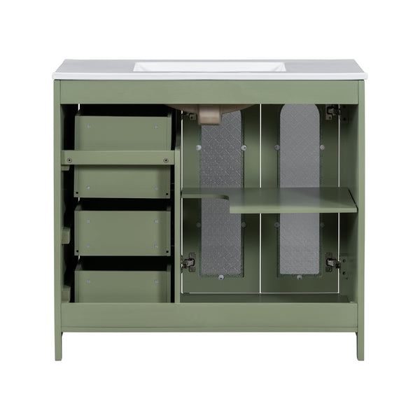 English Elm 36-inch ceramic basin vanity with patterned glass doors, gold round handles & ample storage drawers Green N729P184710F