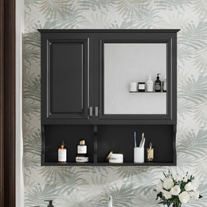 English Elm 30 30 Inch Mirror Medicine Cabinet with Half-Moon Design, Soft-Close Hinges, Open Shelf & Solid-Wood Frame Black N710P322812B
