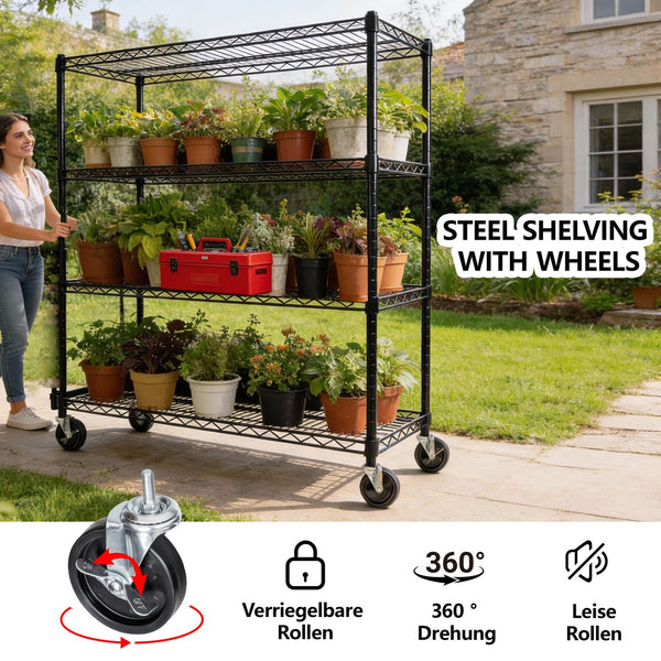 English Elm 55.5" Wide 4 Tier Rolling Wire Shelving Unit Heavy Gauge Steel Garage Storage W2932P373621