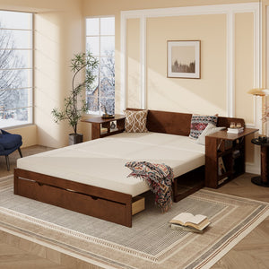 English Elm Queen Daybed with Hydraulic Desk Storage Drawers and Convertible Sofa for Small Spaces Espresso LT000272AAP