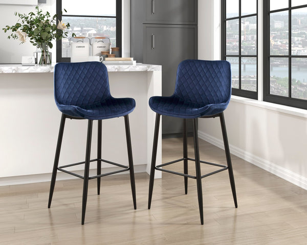 English Elm Set of 2 Counter Height Chairs with Diamond Stitch Velvet Upholstery and Sleek Black Metal Legs, 24" Seat Blue 29.5 L x 26.25 W x 15.5 H B011P234283