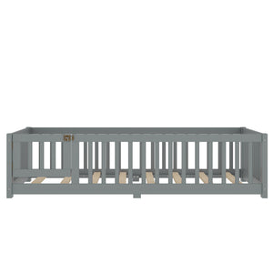 English Elm Twin Twin Size Floor Bed with Safety Guardrails and Playful Door for Kids, Pine/Plywood, Low Profile Gray W1580P338948