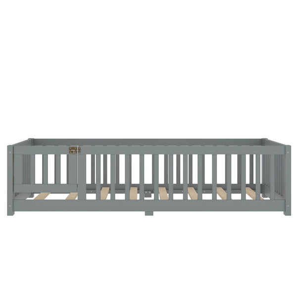 English Elm Twin Twin Size Floor Bed with Safety Guardrails and Playful Door for Kids, Pine/Plywood, Low Profile Gray W1580P338948