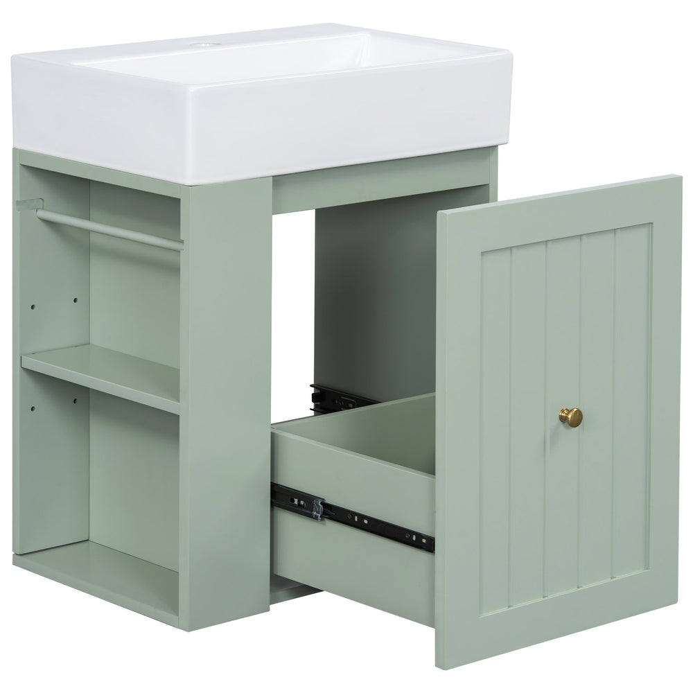 English Elm 20-Inch Compact Bathroom Vanity with Ceramic Sink, Wall-Mounted MDF Cabinet, Modern Space-Saver Design Green N725P314023F