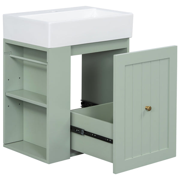 English Elm 20-Inch Compact Bathroom Vanity with Ceramic Sink, Wall-Mounted MDF Cabinet, Modern Space-Saver Design Green N725P314023F