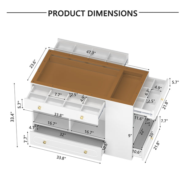 English Elm Closet Elegant walk-in island with glass display top, 6 drawers and open shelves for organized storage White 39.76 L x 17.32 W x 12.2 H N733S304513K