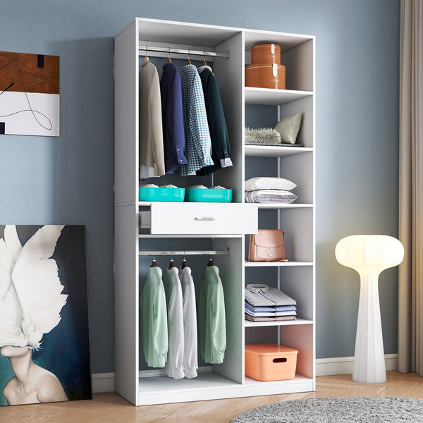 English Elm Freestanding 40" Closet System with 6 Open Shelves, 2 Hanging Rods & Wood Drawer — White Storage Wardrobe W331P280699
