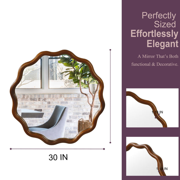 English Elm Black Walnut Solid Wood Wavy Round Mirror Sculptural Bohemian Wall Accent 30 Inch W2203P455238