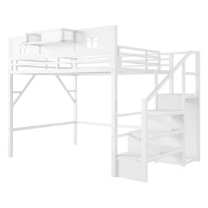 English Elm Queen Size Loft Bed With House-Shaped Guardrails, Stairs & Wardrobe - Perfect For Kids & Teens! W2593S00038-GIGA
