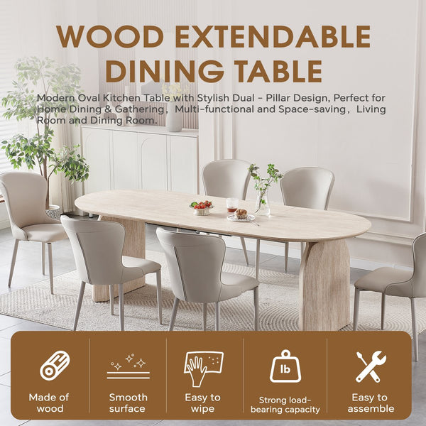 English Elm Wood Extendable Dining Table - Modern Oval MDF Top with Dual Pillar Legs, Space-Saving, Durable Versatile Gatherings and Home Office Use W3590S00002