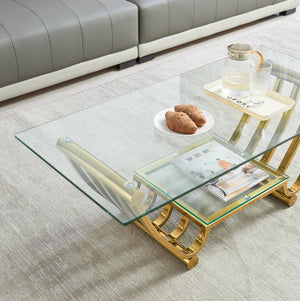 English Elm 47" Modern Rectangle Coffee Table With Double-Layer Glass Shelves, Stylish Gold Frame & Storage Solution W2978S00013