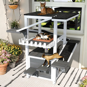 English Elm 4 Tier Outdoor Pine Cat Tower with Waterproof Roof Enclosed Den and Balcony Perch Grey,White N704P436318K
