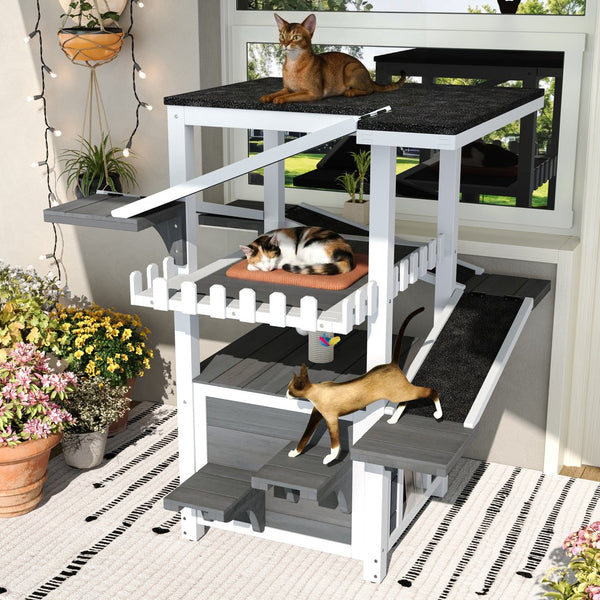 English Elm 4 Tier Outdoor Pine Cat Tower with Waterproof Roof Enclosed Den and Balcony Perch Grey,White N704P436318K