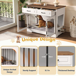 English Elm 43.3" Farmhouse Mdf Dog Crate Console with Drawers and Rotating Bowls for Large Breeds N704P414580A