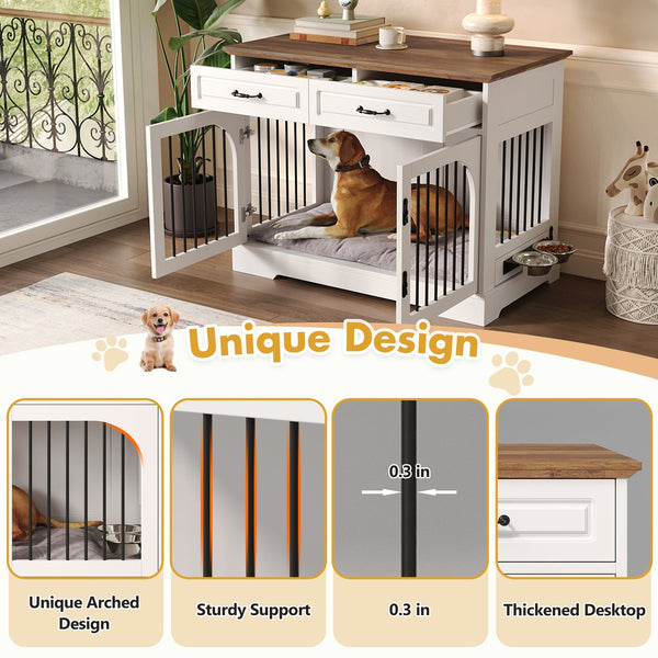 English Elm 43.3" Farmhouse Mdf Dog Crate Console with Drawers and Rotating Bowls for Large Breeds N704P414580A