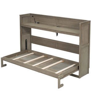 English Elm Twin XL Murphy Bed with Desk, LED Lighting and USB Charging Station — Space-Saving Solid Pine Design Gray Wash N7090005001N