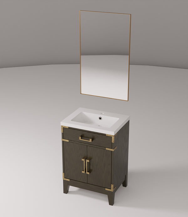 English Elm Brown Oak Single Bath Vanity 24"W x 18"D with Polished Acrylic Top, Soft-Close Cabinet & 18" Mirror B2731S01451